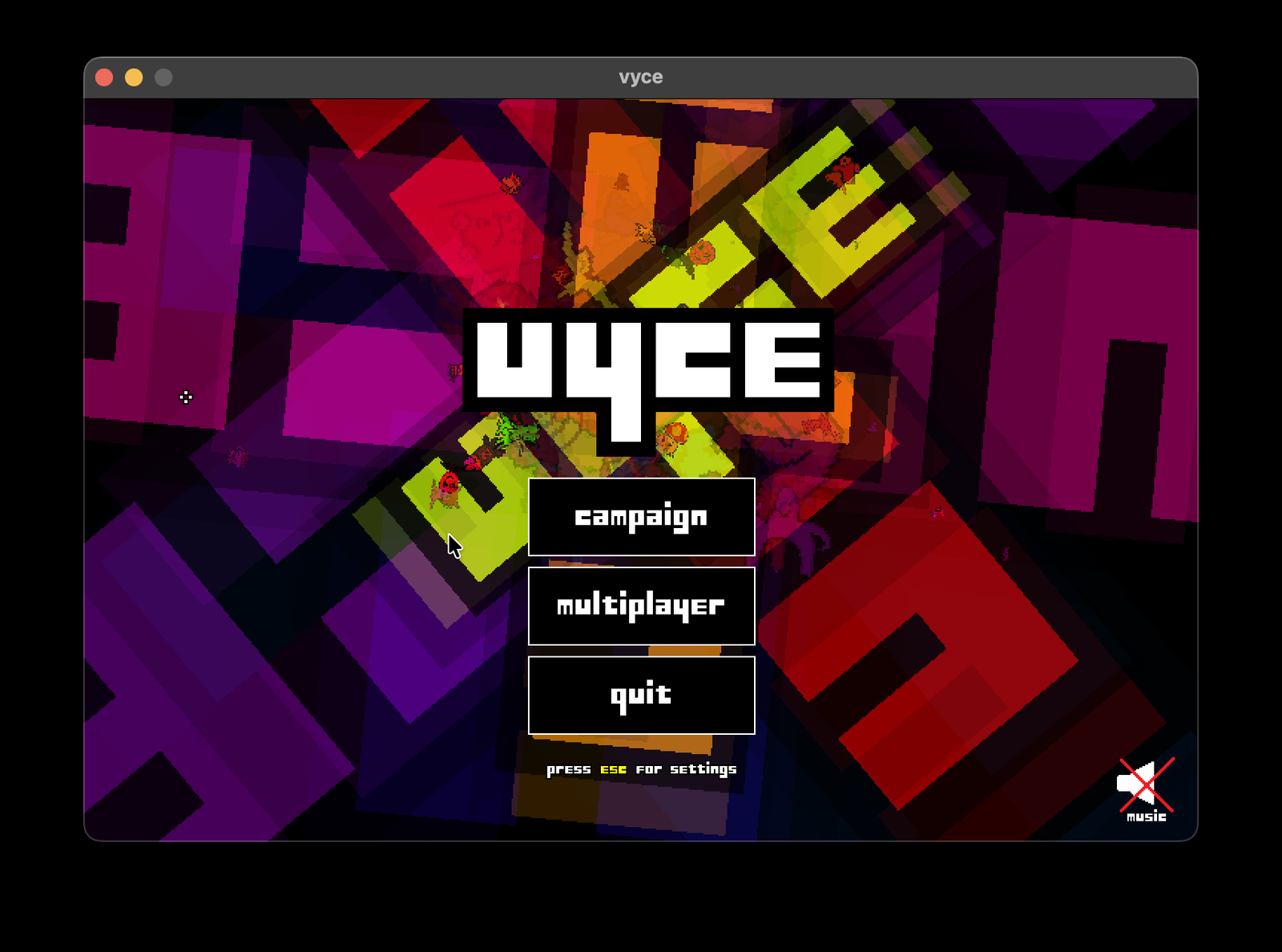 VYCE main menu: campaign, multiplayer, quit, and music toggle