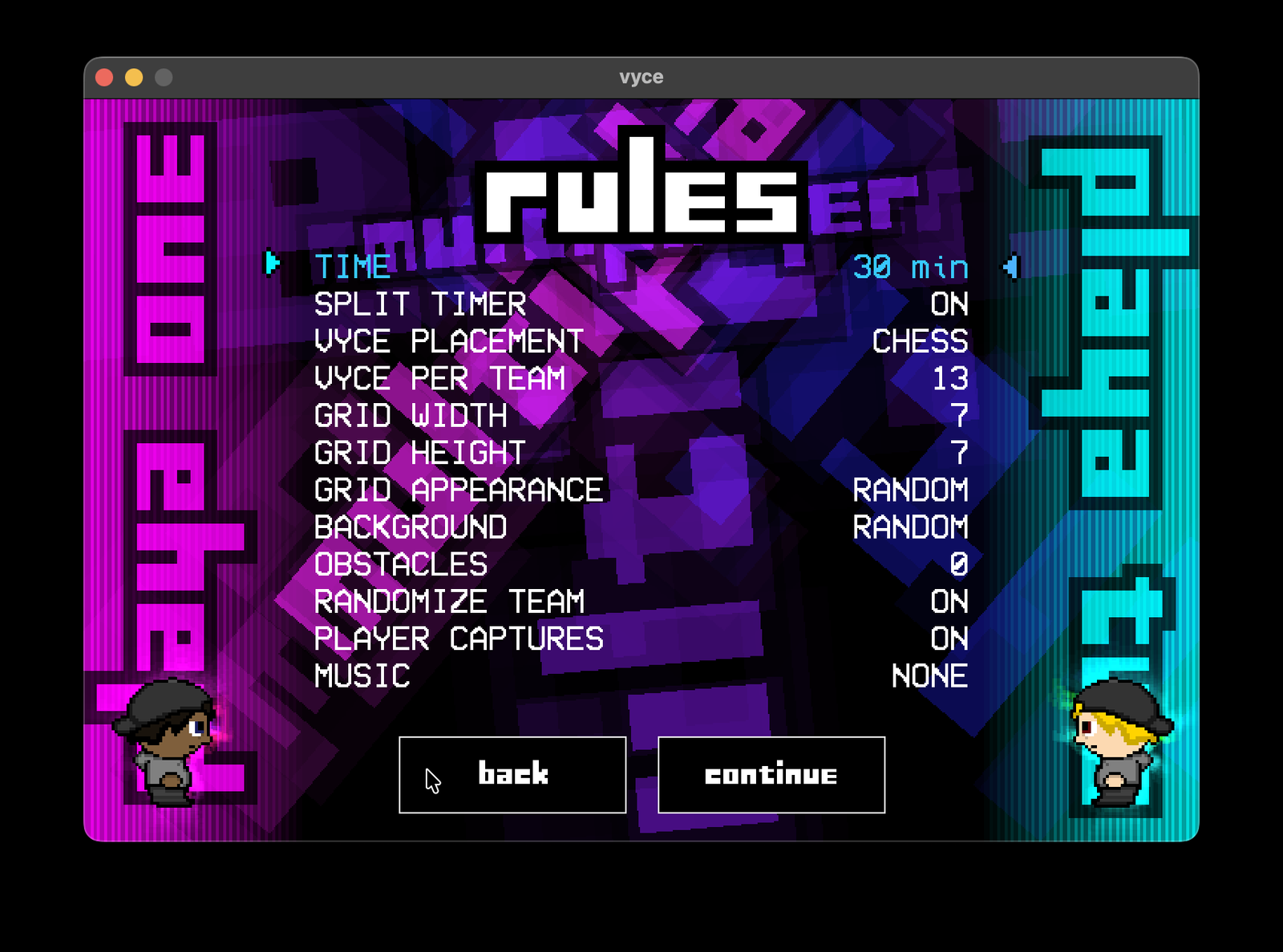 Multiplayer rules menu: split timer, CHESS placement, grid size, backgrounds, and more